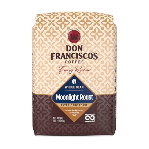 Image of Don Francisco's Moonlight Roast Whole Bean, Extra Dark Roast, 18 OZ Bag | Ideal for French Press, Pour Over & Drip Coffee Maker, Whole Bean for Fresh Grinding, Grind to Your Preferred Brew