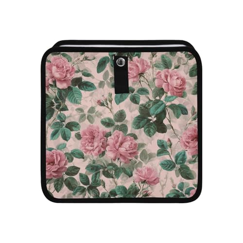 Image of Car Trash Can Organizer Bin with Adjustable Strap for Back Front Seat Console Waterproof Leakproof Collapsible Portable 11 Inch Pink Vintage Roses with Leaves