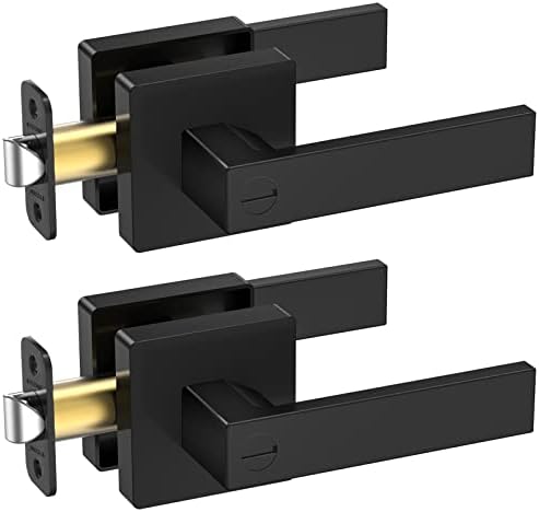TICONN 2Pk Door Handle Heavy Duty, Reversible Square Door Lever for Bedroom, Bathroom and Rooms (Black, Privacy, 2 Pack)
