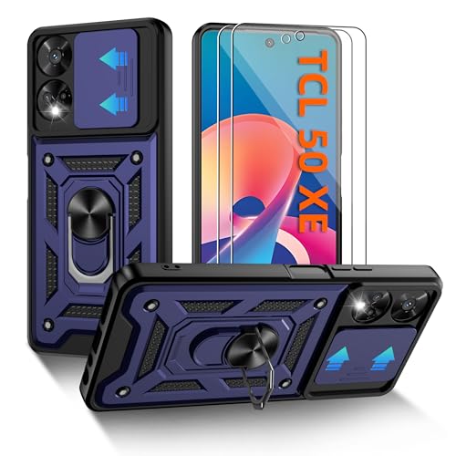for TCL 50 XE 5G Phone Case/TCL 50 XE Nxtpaper 5G with Slide Camera Cover +2 HD Screen Protector[Military Grade]Shockproof Cell Unlocked Phone Cover Funda para with Magnetic Ring Holder Stand Blue