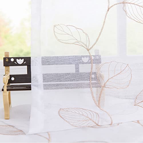 Topick White Sheer Taupe Leaf Curtain Kitchen Valance For Windows Leaf Embroidered Voile Small Curtain Valance Semi Sheer Farmhouse Curtain 18 Inch Rod Pocket 1 Panel Taupe On White #TOP3