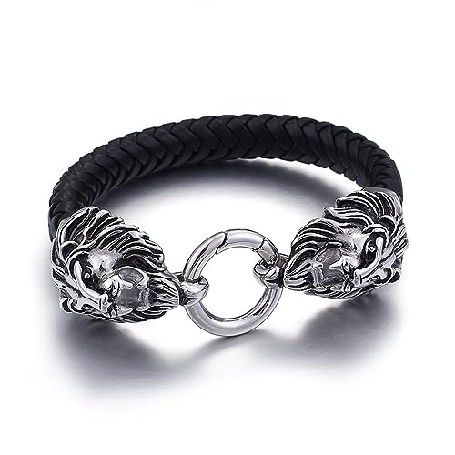 Bracelet cadeau femmes et hommes en cuir tressé double lion bijoux gothiques