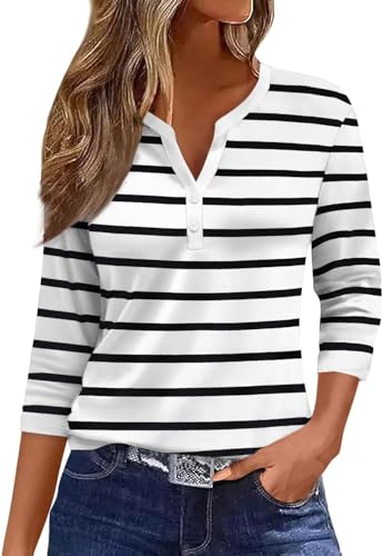 YUTILA Camisetas de manga 3/4 a rayas con cuello en V para mujer, de algodón, manga larga, básica, informal, estilo Henley, blanco y negro, M