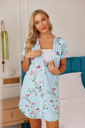 Image of Ekouaer Nightgowns for Women Button Down Night Gowns Short Sleeve Sleep Shirt V Neck Nightshirt Soft Sleepwear Pajams Dress