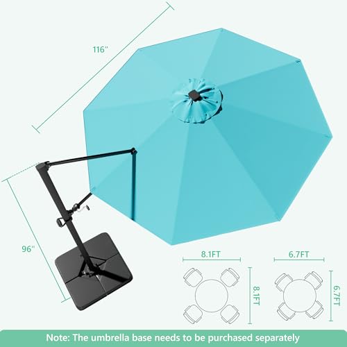 Image of Greesum 10FT Outdoor Patio Umbrella with High Pedel and 4 Gear Heights, Large Offset Umbrella with Solar LED Lights and 360-degree Rotation, Without Base, Hanging Outdoor Shade for Garden, Light Blue