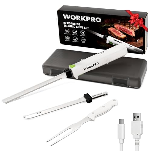 WORKPRO Electric Knife for Meat Slicing, Cordless Electric Carving Knife for Turkey, Fish & Bread, Two Stainless Steel Blades, Ergonomic Handle, Storage Case & Serving Fork Included, White