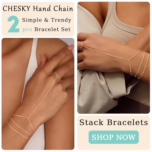 CHESKY Hand Chain Bracelets for Women Set - Dainty 14K Gold Plated Finger Ring Bracelet Stack Adjustable Hand Chains Durable Gold Beaded Bracelets Trendy Simple Body Jewelry Gift for Women4