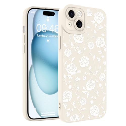 Image of Designed for iPhone 15 Case, Cute Rose Flower Floral Pattern Design, Slim Soft TPU Liquid Silicone Protective Cover for Women Girls - White