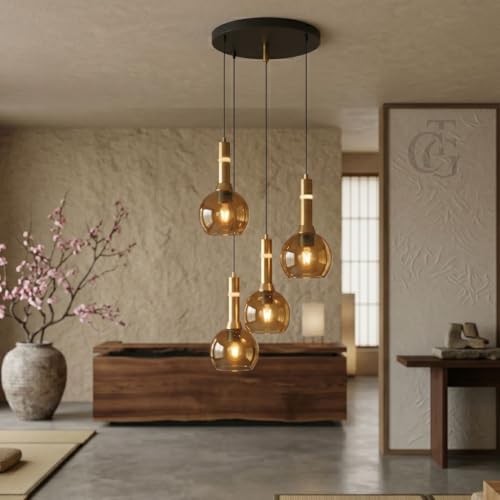 Image of Set of 4-Heads Bowl-Shaped Glass Hanging Pendant Light|Modern Bowl Cluster Ceiling Lamp with Metal Base|Amber-Glass for Living Room, Dining & Cafe