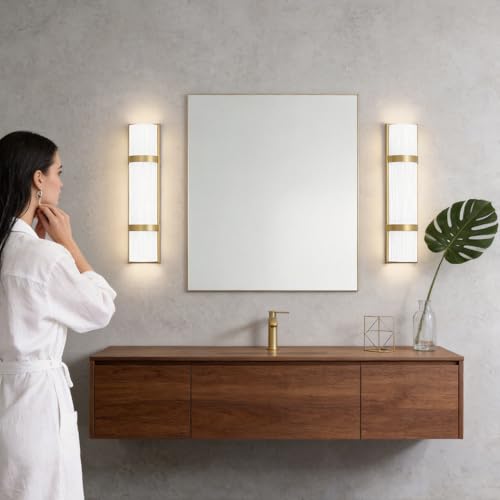 Image of Modern Bathroom Wall sconces Set of 2 - 16 Inch Bathroom Wall Light Fixture, LED Gold Wall Sconce with Artisanal White Frosted Glass, 4000K Warm Lighting for Hallway Bedroom Living Room