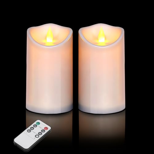 Image of Flameless Candles 4 inch 5 inch 6 inch Outdoor Indoor Pillars Battery Operated Flickering Candles Include 10-Key Remote Timer 400+ Hours by 2 AA Batteries (White Candle - Warm light, 3 inchD x 6 inch H - 2 Pack)