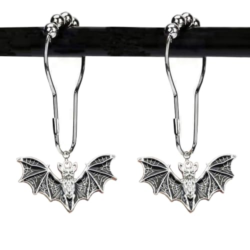 Halloween Bat Shower Curtain Hooks Set of 12 Rustproof Metal Gothic Bat Shower Curtain Rings for Vampire Spooky Gothic Bathroom Decor (Black)