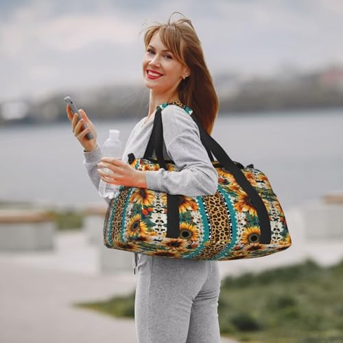 Foldable Travel Duffel Bag for Men and Women Ethnic Sunflower Leopard Pattern Overnight Bag Cheetah Workout Duffle Sports Bag Lightweight Weekender Bag for Airplane for Trip, Gym, Yoga2