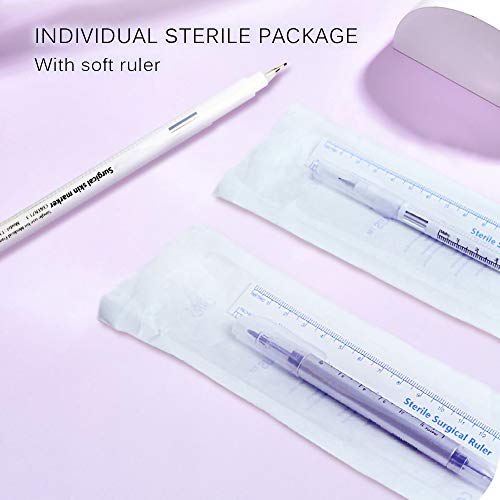 LabAider 6Pcs Professional Surgical Tip Skin Marker Pen Sterile Tattoo Stencil Markers Pen with Paper Ruler for Eyebrow, Lips, Skin- Individually Sterile Wrapped (0.5MM&1MM)