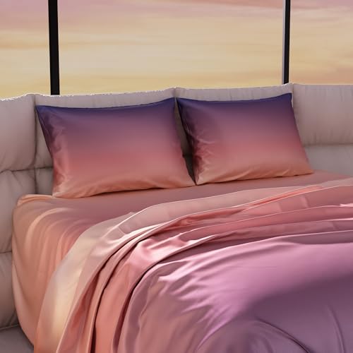 Image of Stoa Paris Satin Bedsheets for Super King Size Bed with 2 Pillow Covers, 300 TC Ultrasatin Solid Premium Bedding Set, Wedding, Home Furnishing, Skies of Paris Collection - Peach Twilight