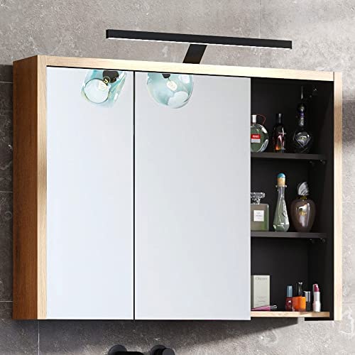 Lomadox Badezimmer Spiegelschrank mit LED-Beleuchtung 100 cm, Shetland Eiche Nb. mit Graphitgrau, B/H/T: ca. 100/75-80/18 cm