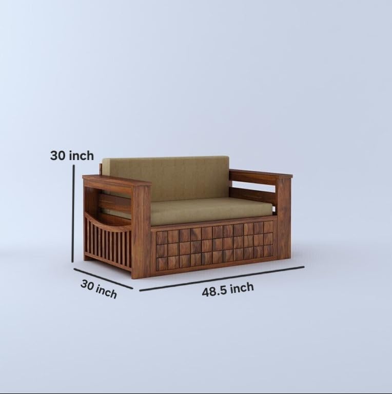 Image of Solid Sheesham Wood Sofa Cum Bed 2 Seater | Wooden Foldable Double Bed for Living Room with Storage | Bed Cum Sofa with Mattress for Home | Full Diamond Design (Honey Finish)