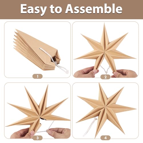 Image of SUNBEAUTY 3 Pcs 7-Pointed Natural Paper Star Lanterns 12 Inch Christmas Hanging Lamp Rustic Paper Decorations Shade Wedding Birthday Christmas Home Party Decorations