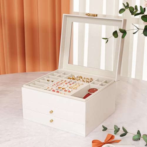 OrderlyGo 3-Stöckiger Schmuckkästchen Groß Schmuckorganizer mit transparentem Deckel für Schmuckstücke, Ketten & Armbänder, stabile Schmuckaufbewahrung mit Samtfutter (Mattweiß)