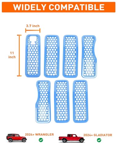 Image of Savadicar Front Grill Inserts with Camera Slot for 2024+ Jeep Wrangler JL 4XE & Gladiator - Elevate Your Wrangler's Aesthetics with Mesh Grille Cover Guard, Exterior Trim Accessories, 7PCs, Baby Blue