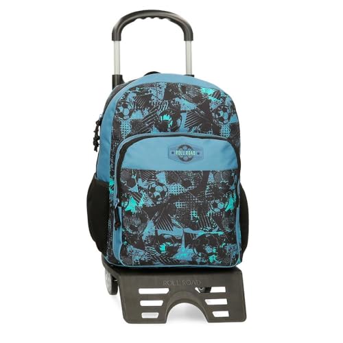 Roll Road Soccer, mochila de futebol, mochila infantil mochila escolar, feita de poliéster, alças largas, ergonómicas e acolchoadas, vários bolsos e compartimentos., Preto, Mochila 40 + carro