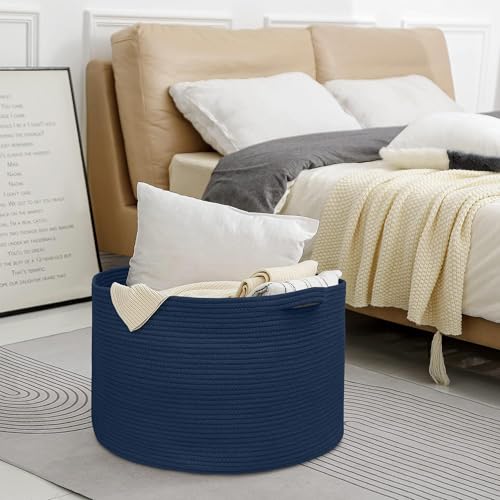 Image of MEGASKET Dark Blue Basket for Organizing, 22 inch x 14 inch Extra Large Woven Cotton Rope Laundry Basket, Blanket Storage for Living Room Bedroom, Big Nursery Kids Toy Box Organizer, Pool Towel Storage Bin