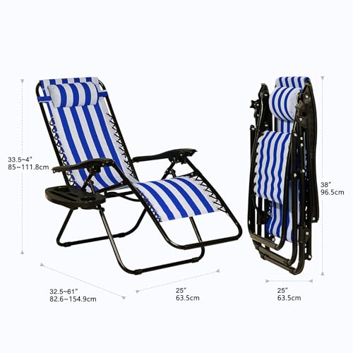 Nazhura Set of 2 Relaxing Recliners Patio Chairs Adjustable Steel Mesh Zero Gravity Lounge Chair Beach Chairs with Pillow and Cup Holder (Navy Blue Stripe)
