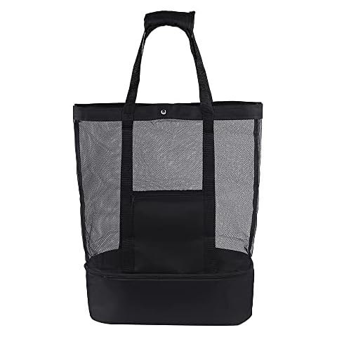 HyUkoa Beach Tote Bag, Durable Large Mesh Beach Bag Portable Double Layer Ice Pack, Dry and Wet Separation Insulation Pack, Suitable for Outdoor Picnic Camping Beach (Integrated type, Black) Cover