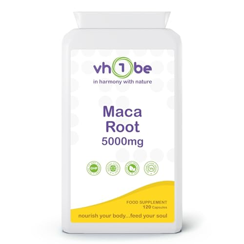 Maca Root 5000mg Supplement – 120 Vegan Capsules | Energy, Vitality & Hormonal Support | Natural Maca Extract, UK Made by vh1be