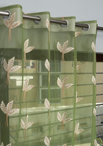 Image of Fabrilia Tissue Net Embroidery Sheer Transparent Curtains for Door 7 feet Long Set of 2, Green