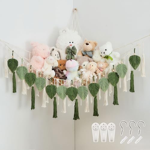 Image of Pretty Jolly Stuffed Animal Storage with Hand Woven Leaf Tassels Hammock Corner Hanging Net Boho Macrame Plush Storage for Toys Kid Room Wall Nursery Decor for Girls Gift (Sage Green&Avocado Green)
