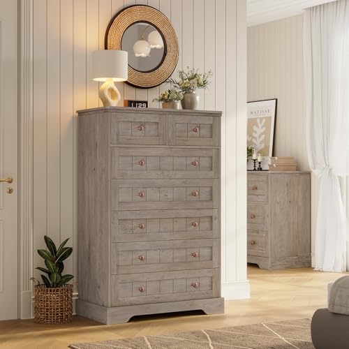 Hasuit Farmhouse Dresser for Bedroom, 7 Drawers Dresser, 51.4"Tall Dressers Chest of Drawers with Hand Carved Panel, Large Wood Closet Storage Organizer Rustic Dressers for Bedroom Living Room Hallway