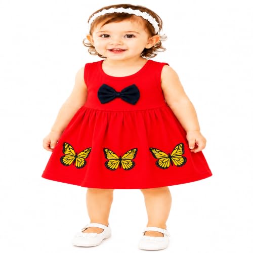 Image of Baby Girls Cotton Sleeveless Butterfly Print A-Line Frock Dress with Bow.