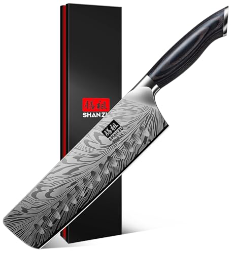 SHAN ZU Couteau Nakiri Japonais en Acier Poudré, 18 cm Couteaux de Cuisine Professionnel à Haute Teneur en Carbone (63 HRC) Lame Tranchante à 12° Manche Ergonomique en Bois de Pakka