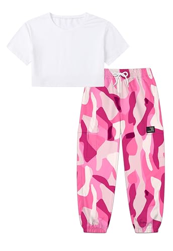 Image of Betusline Girls 2 Piece Set, Black Cute Short Sleeve Crop Tops + Bright Pink Camo Cargo Jogger Pants Clothes, 9-10Y = Tag 150