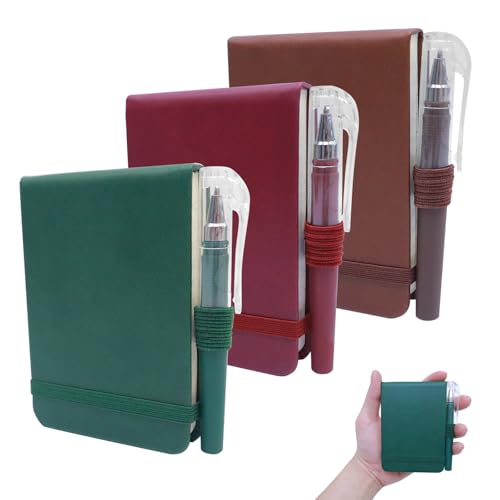 Mini Notebook with Pen, Pocket Size A7 PU Leather Hardcover Small Note Pads, Tear-Off Sheets Tiny Notepad with Elastic Band for Nurses, Office, School, Reporter & Travel Journaling, Pack of 3
