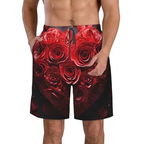 Men's Swim Trunks Quick Dry Bathing Suits Red Rose Love Heart Beach Board Shorts Swimwear with Pockets