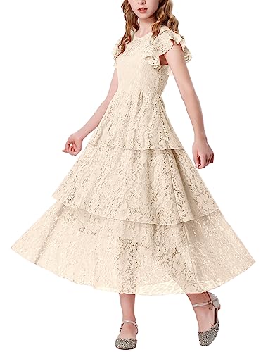 Mebius Girls Lace Maxi Long Dress Ruffle Sleeve Crewneck Tiered A-Line Swing Wedding Party Dresses