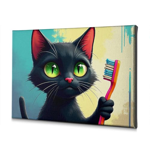 Tableau chat brosse à dents colorée pour égayer une salle de bain blanche