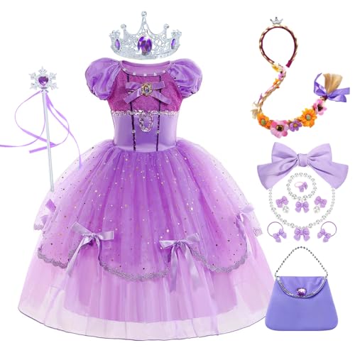 YOSICIL Disfraces para Niños Rapunzel Vestido de Princesa para Niña Costume para Carnaval Diadema Pendientes Set de Princesa Navidad Reyes Cosplay con Accesorios 10 Piezas Fiesta,Morado,140