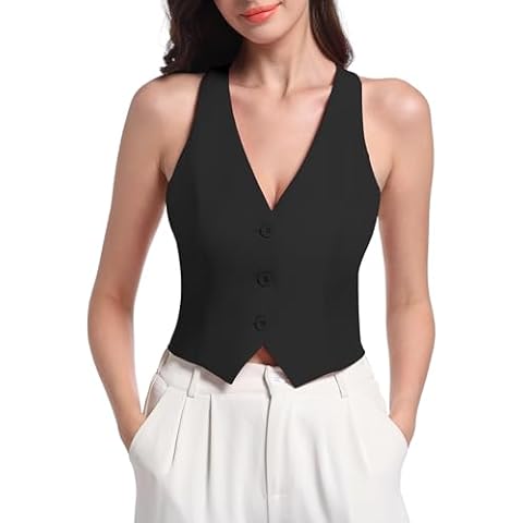 V VOCNI Vest for Women V Neck Suit Vest Racerback Sleeveless Fashion Dressy Crop Vest Top Fitted Jacket Waistcoat Black Small Cover