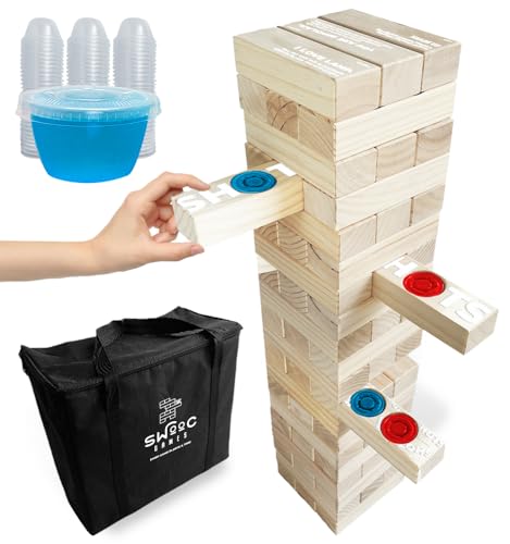 SWOOC Games - Giant Tower Party Game with Hidden Jello Shots - Includes Disposable Cups, Lids & Carrying Case - Stacks up to 5ft - Tipsy Topple Game for Adults - Giant Outdoor Games - Jumbo Bar Fun