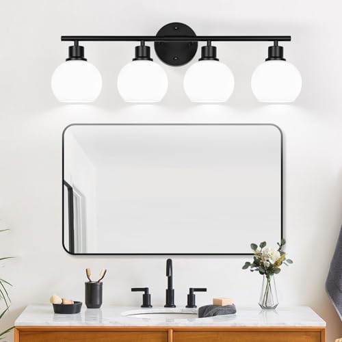 Image of Indoi 4-Light Bathroom Light Fixtures, Black Bathroom Lights Over Mirror with Milky White Frosted Glass Globe Shade, Vanity Lights for Bathroom Kitchen Living Room Hallway Cabinet Bedroom Porch