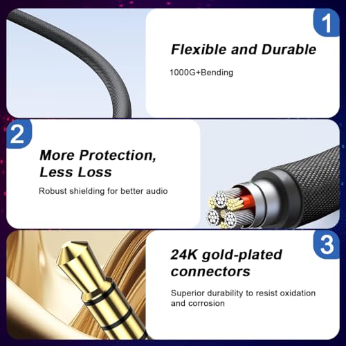 Image of Verilux 4-Pole 3.5mm Male to 3.5mm Male Aux Cable 9.8FT, Aux Cable for Speakers with Hi-Fi Sound Nylon Braided, Stereo Audio Cable Gold-Plated Aux for Car, Home, Studio, iPhone, Android