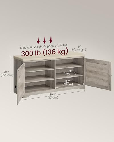 Image of VASAGLE Shoe Storage Bench with Cushion, 3-Tier Entryway Bench with Padded Seat, Doors, Adjustable Shelves, 14 x 39.8 x 20.7 Inches, Hallway, Bedroom, Heather Greige and Cappuccino Beige ULSB044L01