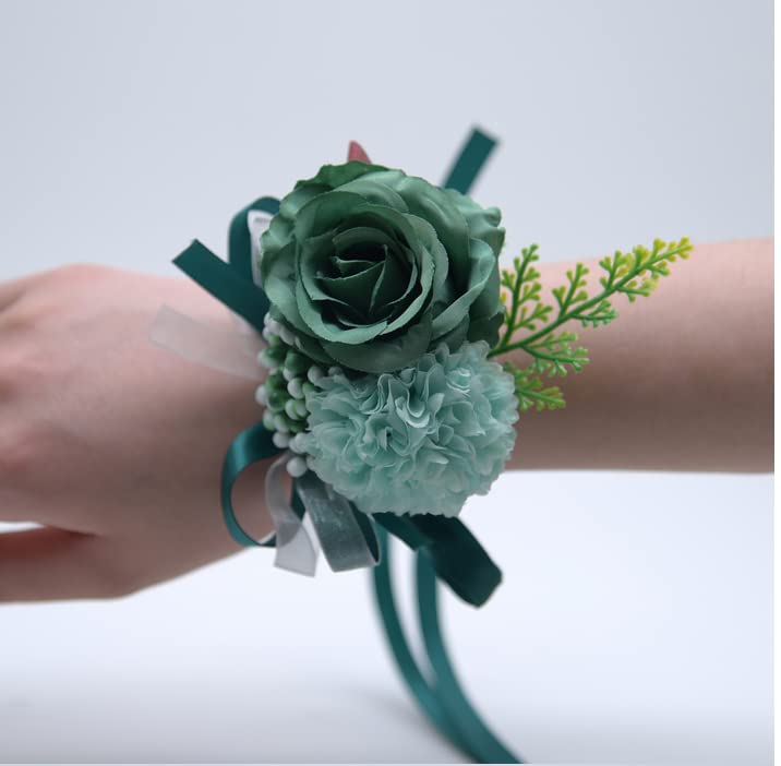 Rikyo 2pc Rose Flower Wrist Corsage & Boutonniere Set, Silk Flower for Bride & Groom, Cake & Party Decor (Blackish Green) - Image 3
