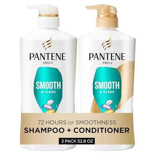 Pantene Shampoo & Conditioner Set, Smooth and Sleek - Frizz Control with Antioxidants, Nourishing for All Hair Types - Curly, Dry, Color-Treated, 52.8 Oz Total + Miracle Rescue Shot (0.5 Oz)