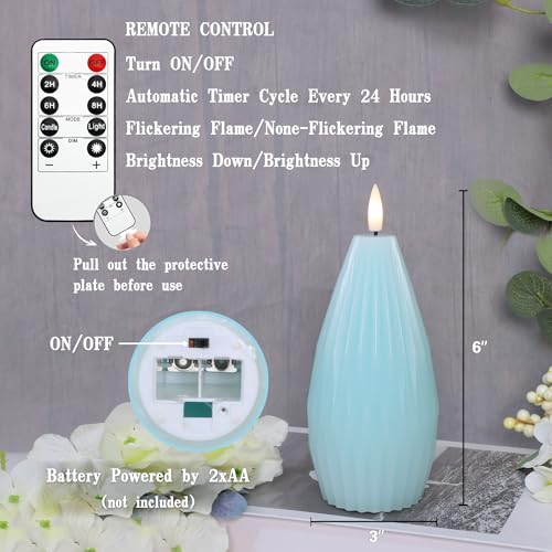 Image of Blue Ribbed Flameless Candles Battery Operated with Remote Flickering Realistic LED Real Wax Decorative Candle Geometric Aesthetic Modern Ocean Decor for Home Table Fireplace, 3 Pack