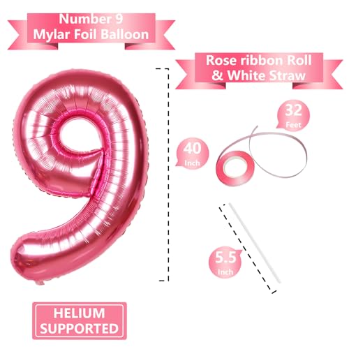 Image of 40 Inch Giant Hot Pink Number Balloon, Mylar Foil Helium Hot Pink Balloons for Birthday Party, Number 9 Balloon for Birthday Decorations, Hot Pink 9 Birthday Balloon