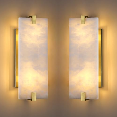 Image of 2 Pack 2 Light Square 14.7 inch Alabaster Marble Bathroom Wall Sconce Modern Concise Style Wall Light Fixture,Brushed Bronze Finish for Bedroom Hallway Bedside
